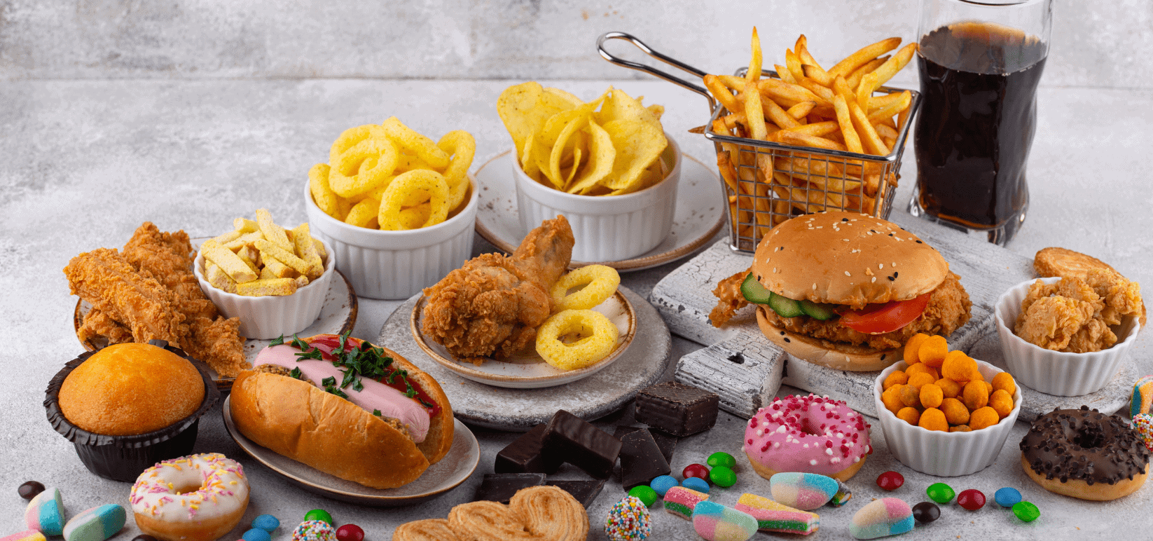 A smorgasbord of unhealthy fast foods and sweets